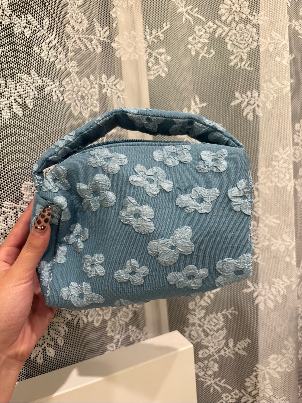 Ulta Beauty Light Blue Floral Quilted Top-Handle Wristlet